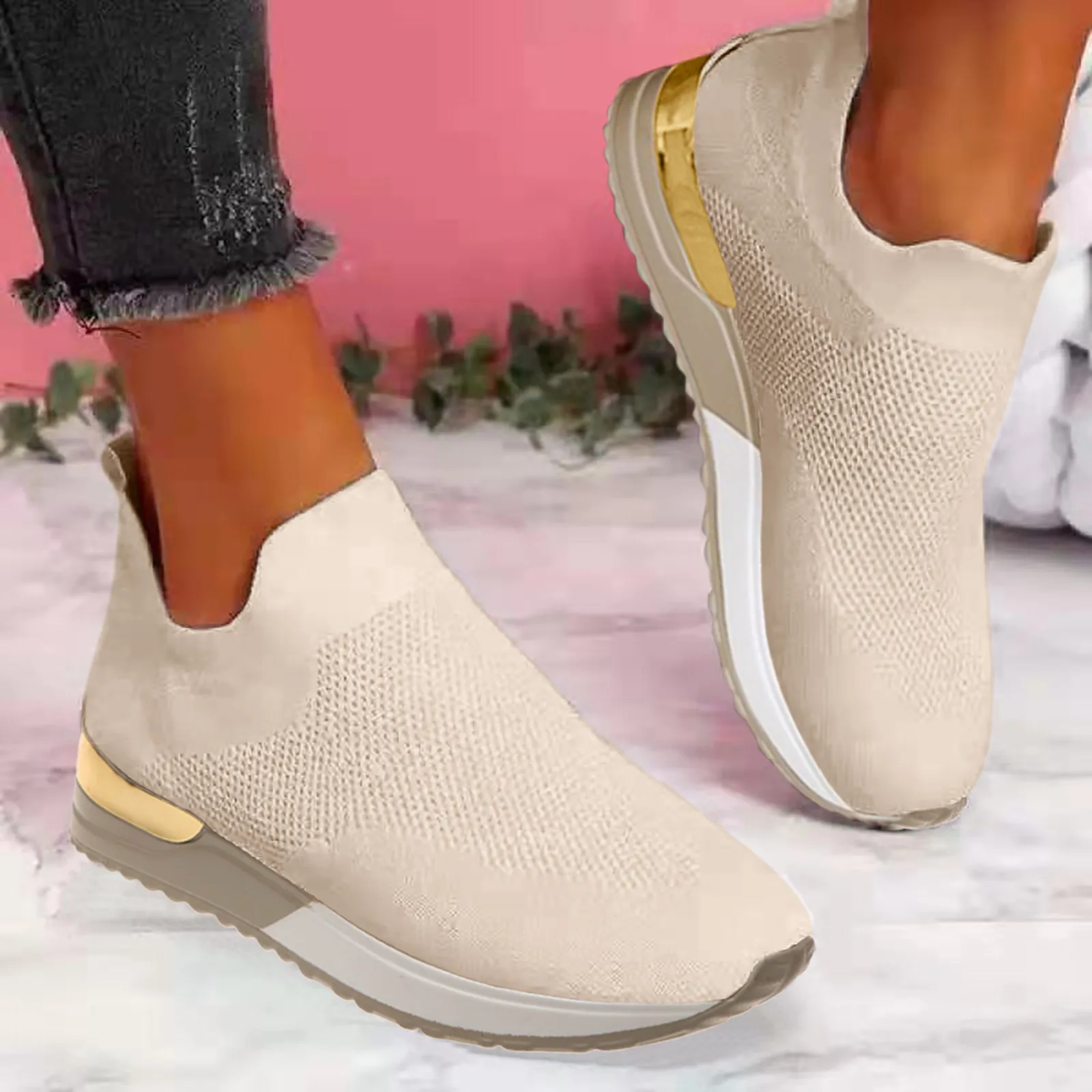 

Ladies Fashion Solid Color Breathable Mesh Knitted Flat Casual Sports Shoes Slip On Elastic Sneakers for Women Plus Size