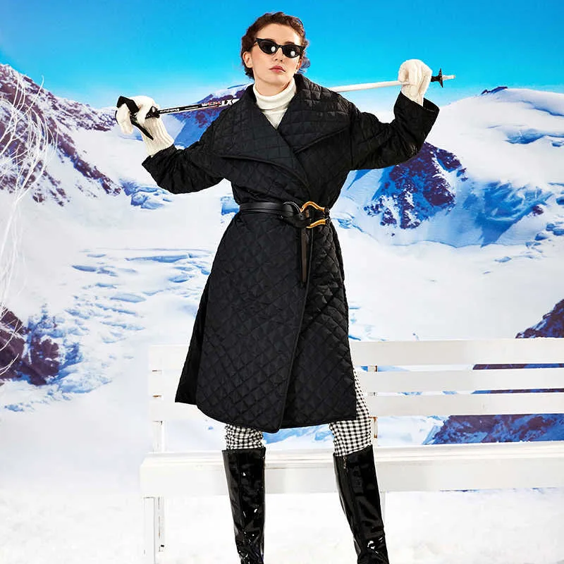 Autumn/winter 2022 Dark Turn-down High-necked Diamond Quilted Cotton Open Side Slit Long Padded Jacket Women's Cotton Jacket