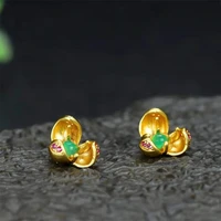 hot selling natural hand carved gold color 24k inlay jade lotus earrings studs fashion jewelry men women luck gifts