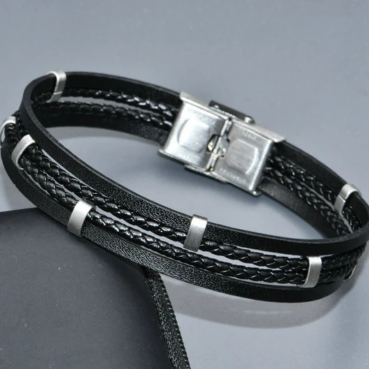 

Модный новый дизайн многорядный черный шнурок из натуральной кожи 10 мм ширина нержавеющая титановая сталь украшения Роскошные мужские браслеты