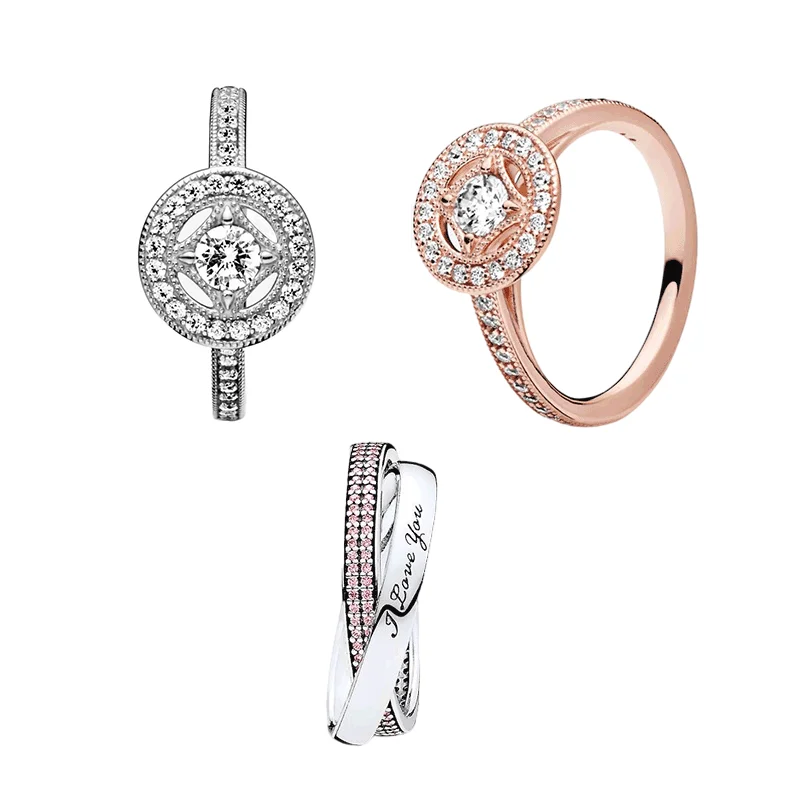 

LR Round Sparkle Halo PAN 925 Sterling Silver Ring For Women Rose Gold Series Retro Double Circle Design Lady Girl Jewelry Gifts