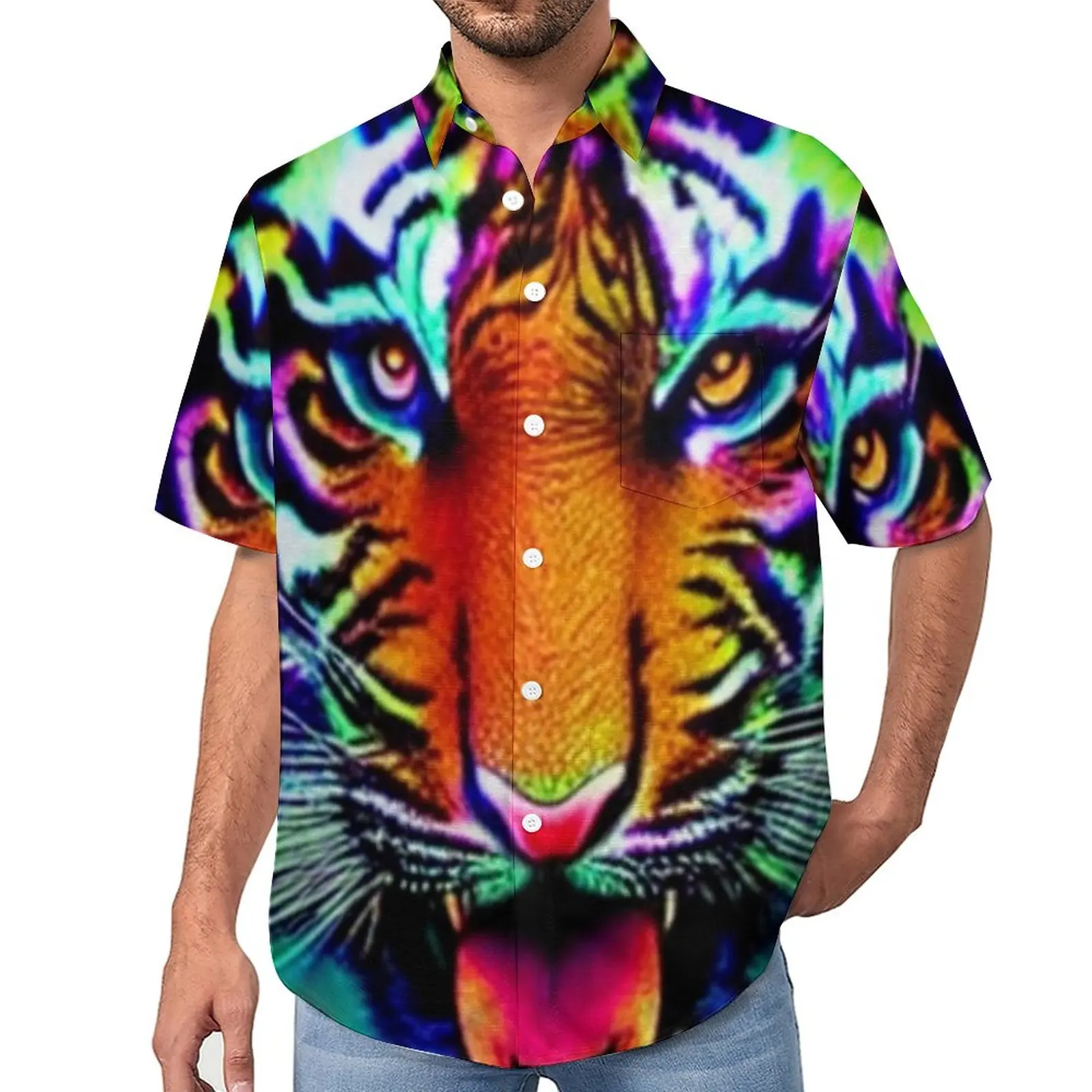 

Tie Dye Tiger Casual Shirts Colorful Animal Beach Shirt Summer Street Style Blouses Male Pattern 3XL 4XL