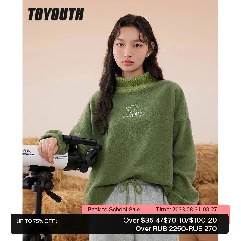 

Toyouth Women Fake Two Piece Fleece Sweatshirt 2023 Winter Long Sleeve Half Turtleneck Loose Hoodie Casual Streetwear over