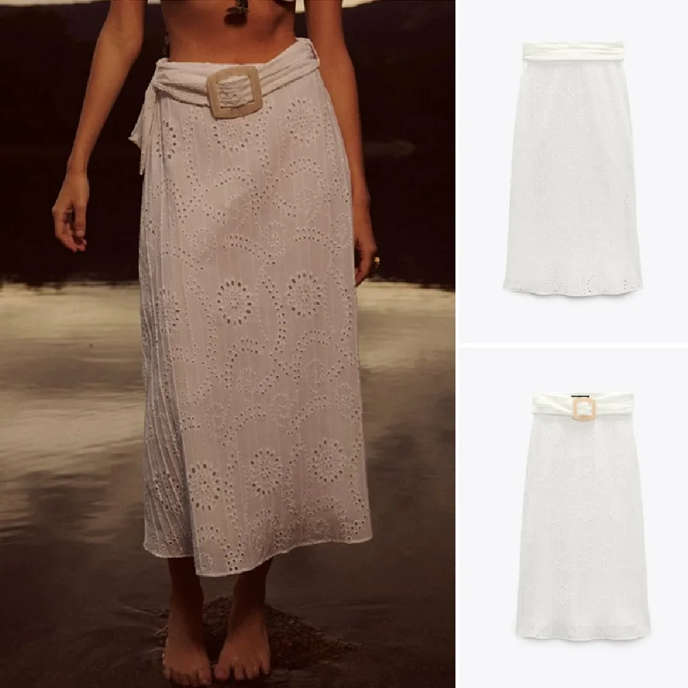 

COS LRIS 2023 summer new fashion hollow embroidery high waist midi skirt buckle belt decoration commuting all-match 3424503