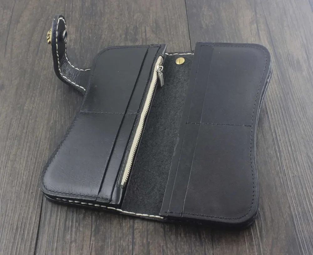 Винтажный Байкерский длинный кожаный кошелек ручной работы с резным кошельком и