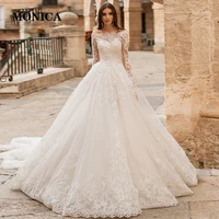 Luxury Ball Gown Wedding Dress Boat Neck 2022 Princess Long Sleeve Bridal Gown Lace Applique With Train Robe De Mariée