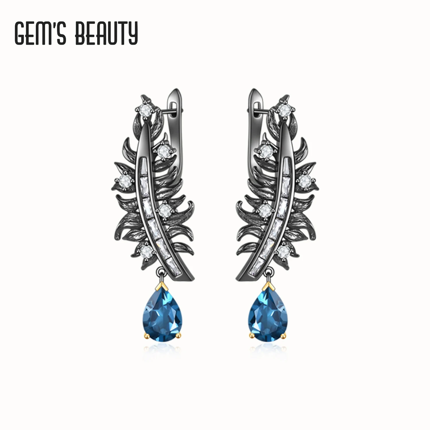 

Gem's Beauty Fashion Earrings For Women 2021 Statement Dangle Earring Gift Drop Earring Jewelry Hot London Blue Topaz Feather