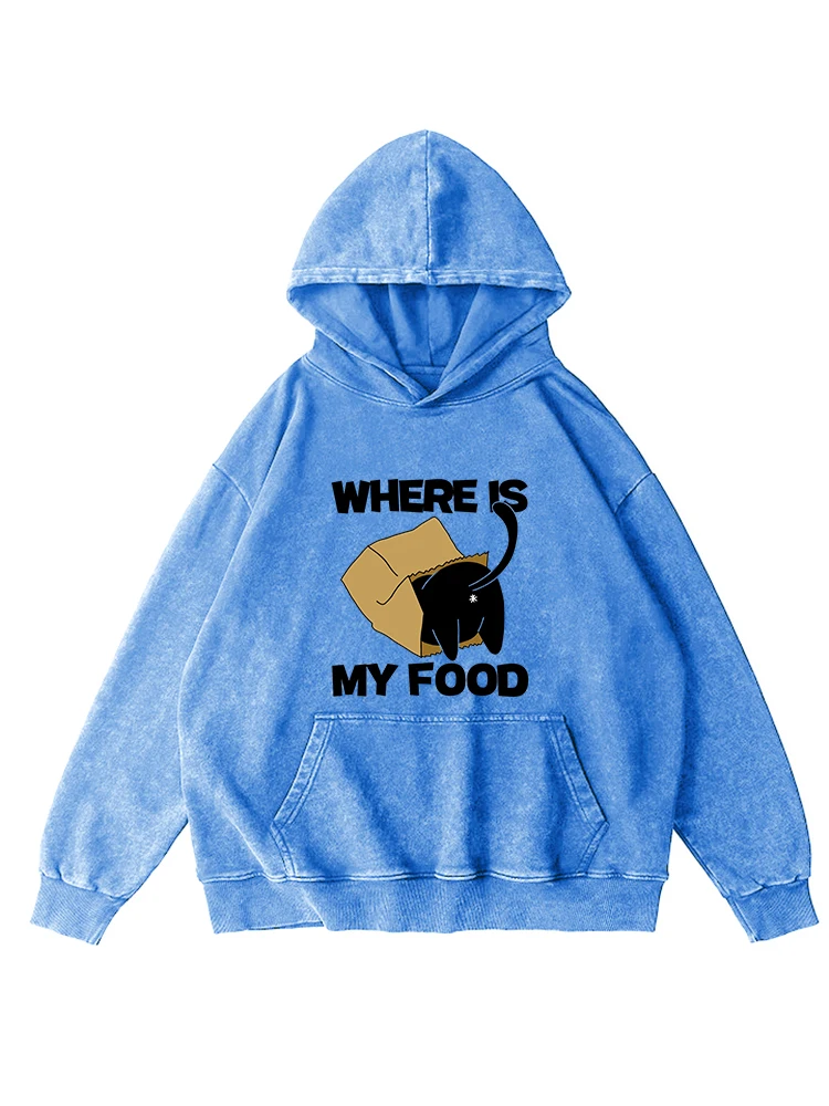 Where Is My Food Kawaii Cat Print Washed Hoodie Женские теплые потертые топы Повседневная хлопковая