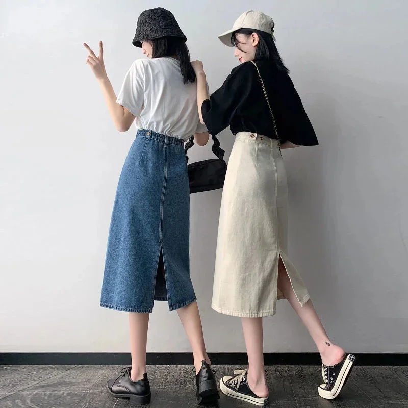 

Винтажная джинсовая юбка с разрезом, Женская трапециевидная юбка миди с высокой талией, Корейская офисная Повседневная универсальная прямая юбка, Новинка
