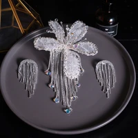 new korean bride crystal flower tassel hair clip earrings set wedding dress headdress senior bridal hair accessories