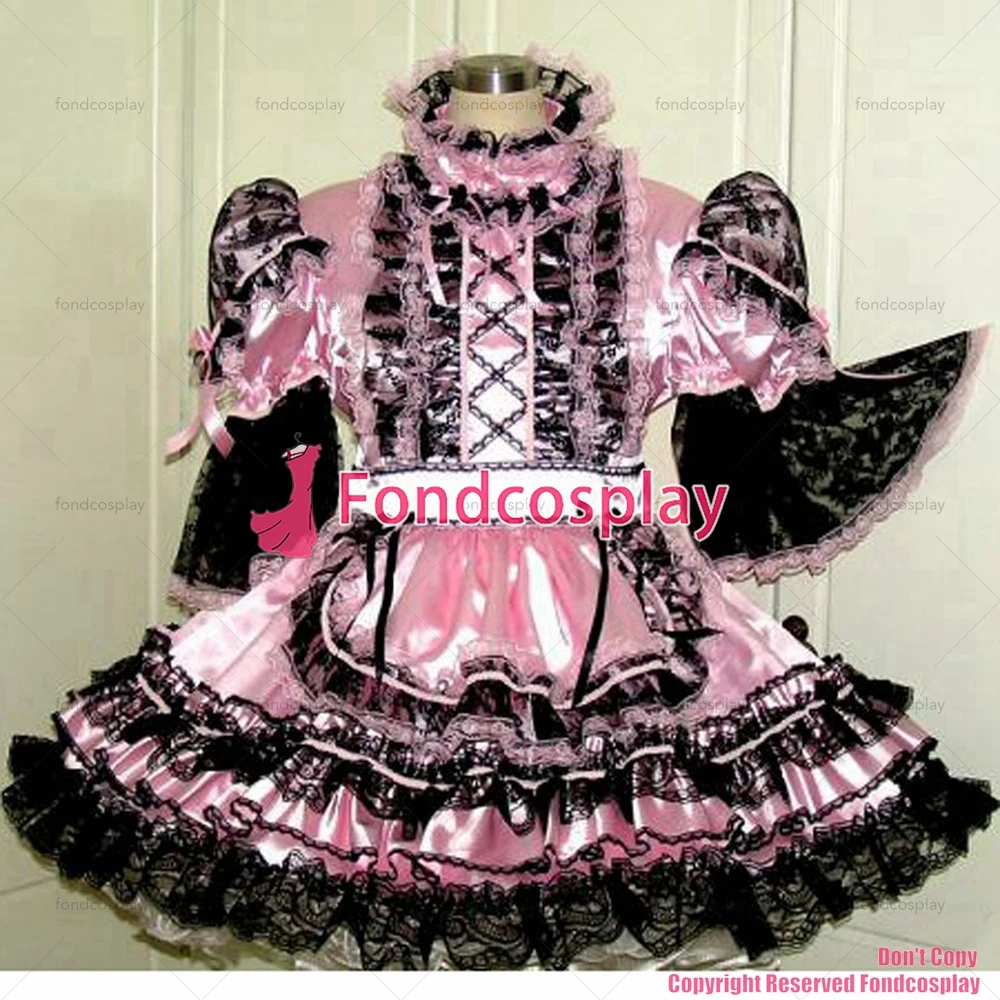 

tailor-made sexy adult dressing cross maid sissy short lockable baby pink satin dress uniform apron costume tv/cd[g1559]