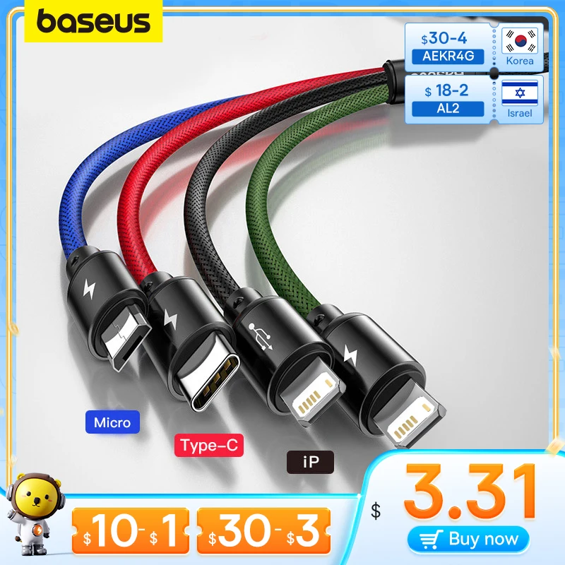 Baseus 3 in 1 USB Cable Type C Cable for Samsung Xiaomi Mi 4 in 1 Cable for iPhone 14 13 12 X 11 Pro Max Charger Micro USB Cable