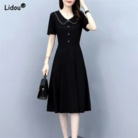 premium black v neck button simple empire a line skirt comfortable solid color short sleeve dress summer womens clothing 2022