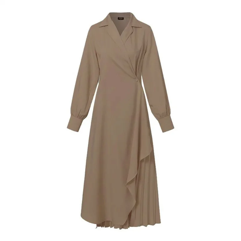 Muslim Women's Shirt Dress Elegant Retro Long Sleeve Waist Dress Casual Blazer Dress Ramadan Robe Abaya Islamic Clothes