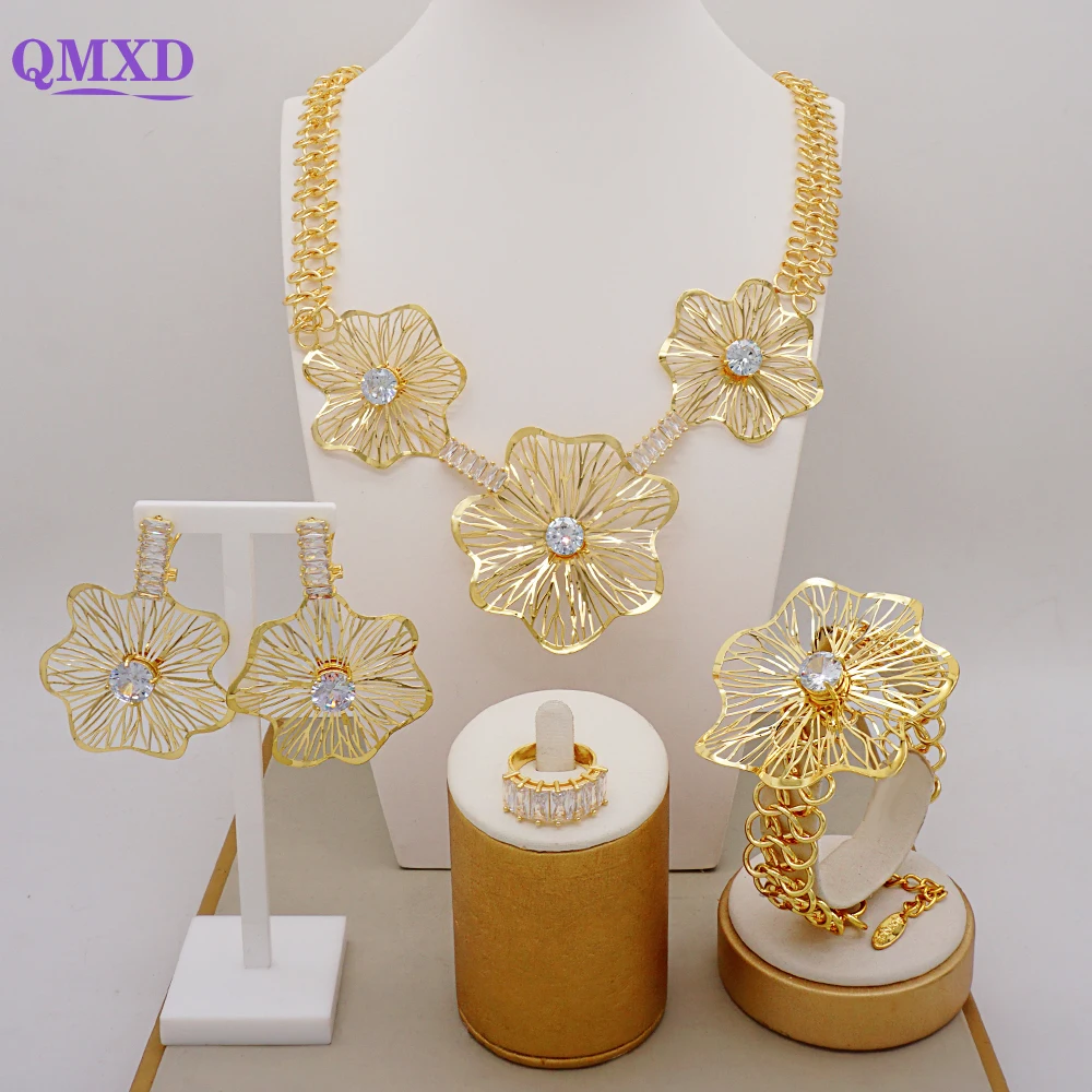 

Dubai Gold Color Jewelry Set Flower Pendant Necklace Bracelet Earrings Ring Sets For African Nigeria Wedding Bridal Jewelry