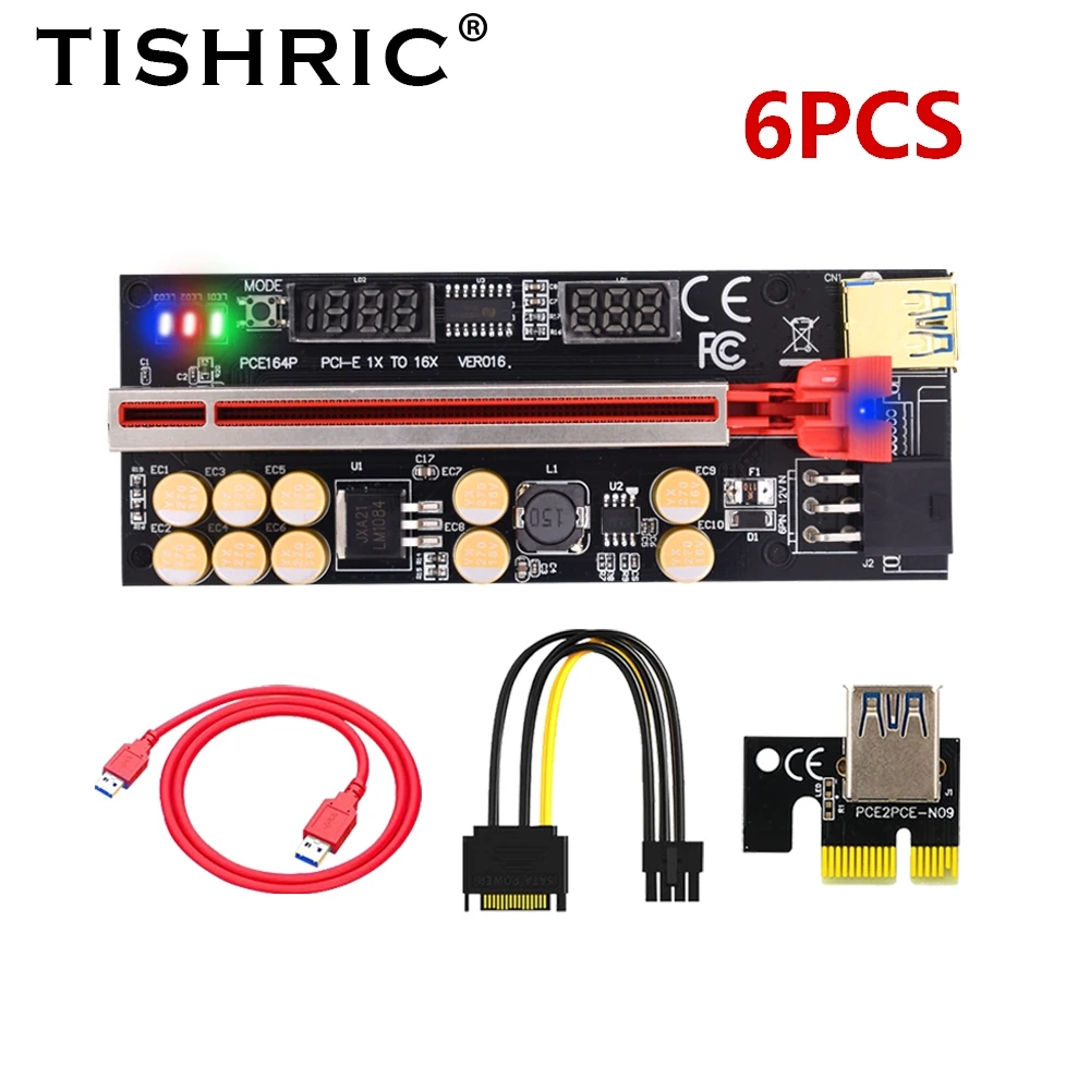 

6 шт., Райзер TISHRIC 016 PCIE 1X до 16X, расширитель PCI Express X16, адаптер 6Pin PCI-E Райзер для видеокарты, Майнер биткоинов ETH