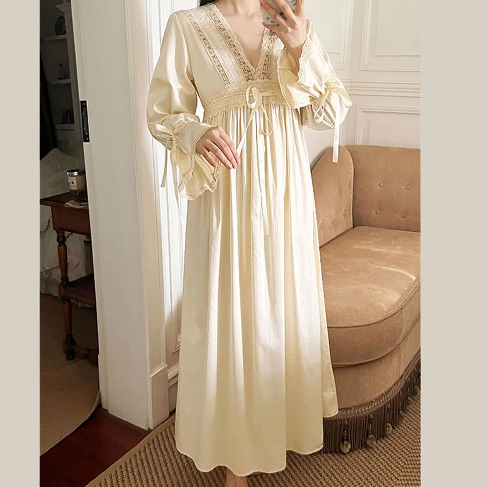 Women Jacquard Vintage Princess Elegant V-neck Nightgown For Spring Autumn Sweet Palace Beautiful Long Sleeve Cotton Nightdress