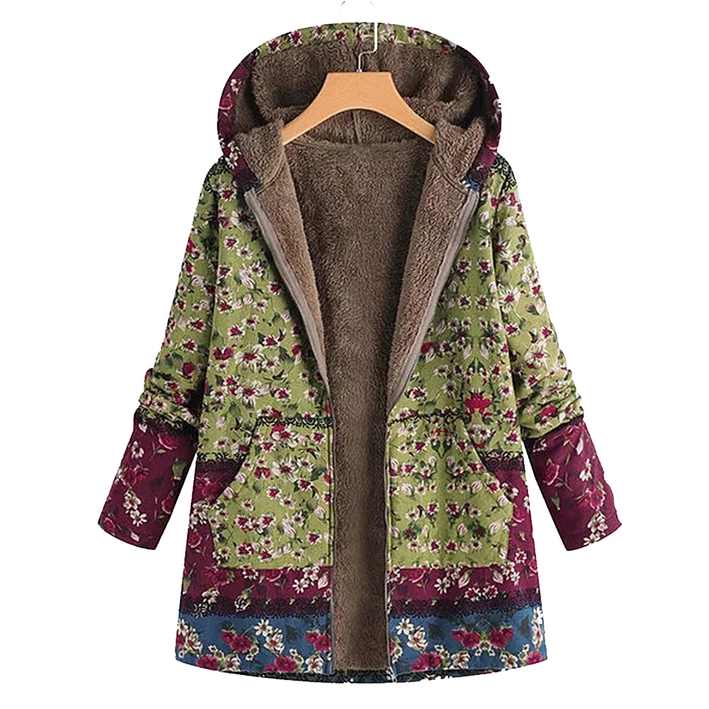 2022 Women Winter Floral Printed Coat Vintage Harajuku Plus Size Loose Casual Jackets Plus Velvet Thick Warm Hooded Fashion Coat