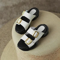 newcurve casual slippers women genuine leather upper muti buckle flat platforms summer outdoor female shoes plus size 42