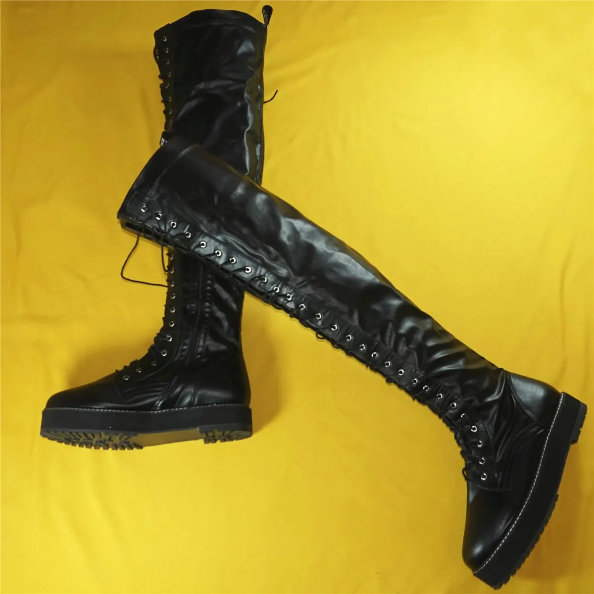 Platform Pumps Shoes Women Lace Up Over The Knee High Motorcycle Boots Female Round Toe Thigh High Fashion Sneakers Casual Shoes
