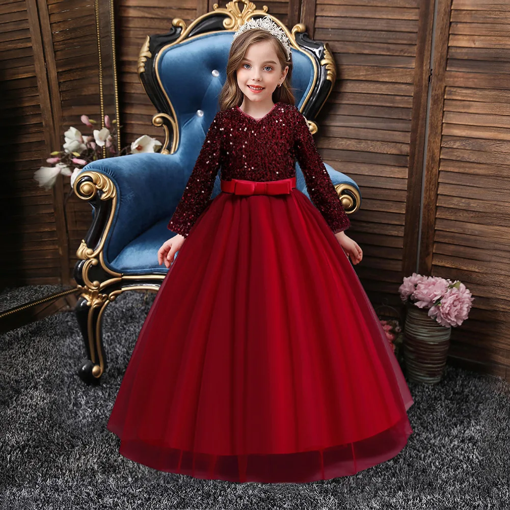 

Flower Girl Wedding Party Sequin Long Dress Girls' holiday birthday party communion ball Long Sleeve Dress vestidos de fiesta