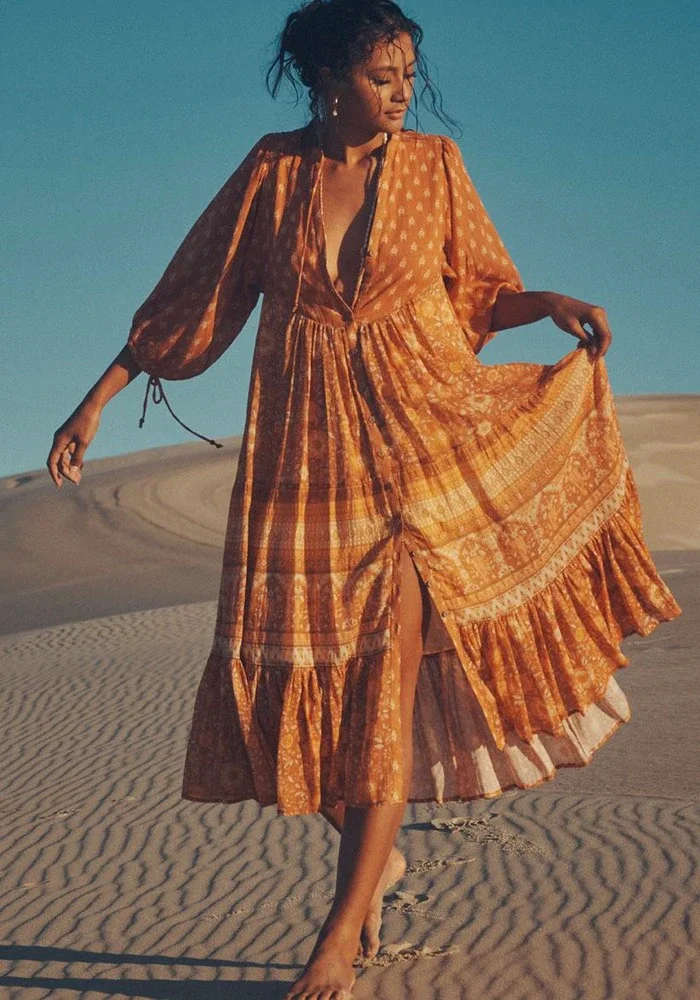 Винтажное шикарное длинное платье-туника с V-образным вырезом и рукавом до локтя