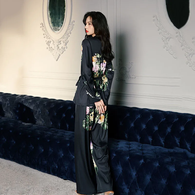 Women 2 Pieces Satin Silk Floral Printed Sleepwear Long Sleeve Surplice Top with Belt and Long Pants Pajamas Set