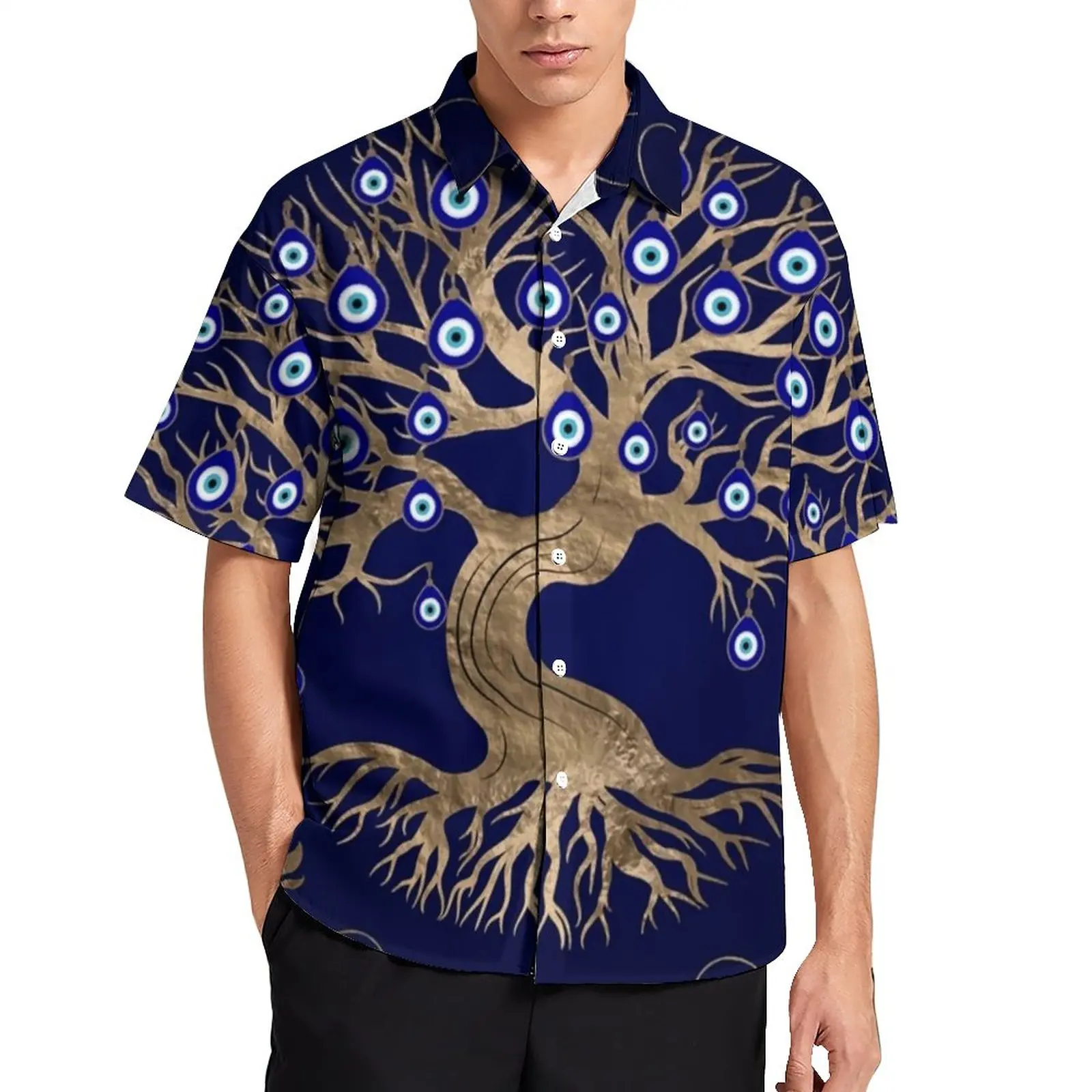 

Evil Eye Loose Shirt Men Beach Greek Amulet Casual Shirts Summer Design Short-Sleeved Streetwear Oversized Blouses