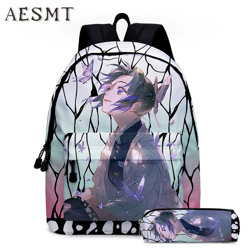 Anime Demon Slayer Kimetsu No Yaiba Backpack Canvas Bag Women Men Kochou Shinobu Travel Notebook Bag Cosplay Gifts Girls