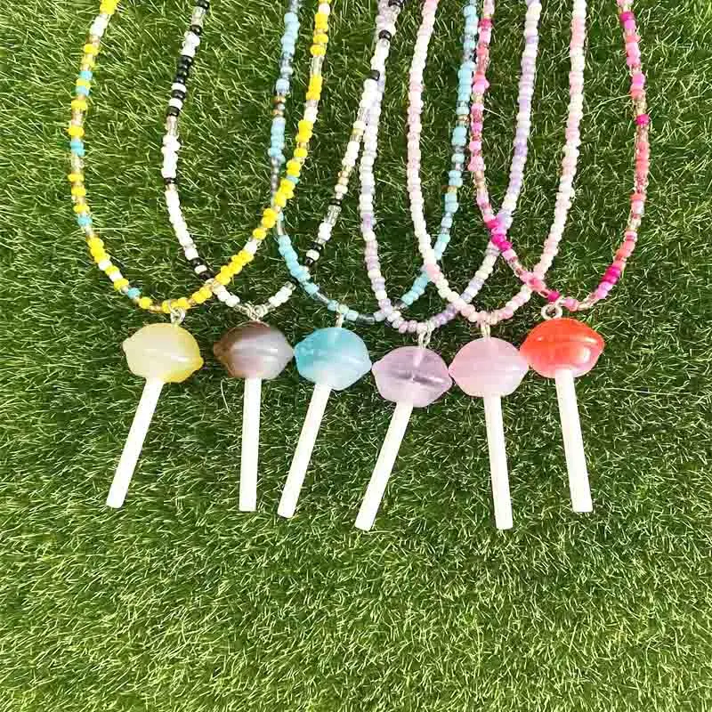 

38cm Necklace With Resin Pendant Transparent Lollipop For Child Bohemia Handmade Rainbow Seed Beads Simple Choker Jewelry Gifts