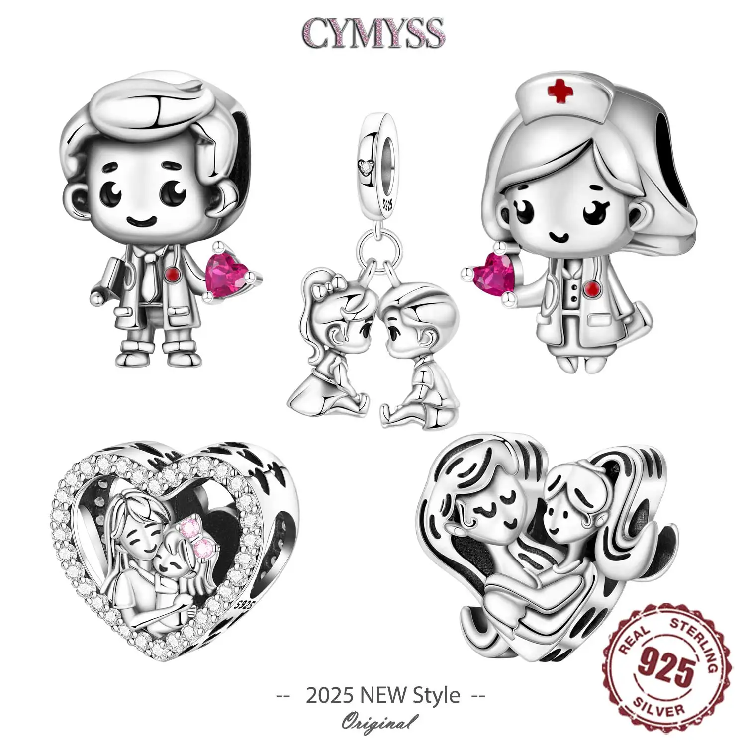 Caliente Plata de Ley 925 personaje de dibujos animados Doctor enfermera parejas cuentas apto mujeres pulseras dijes DIY regalos de fiesta de cumpleaños joyería