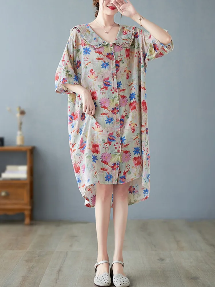 

Women Long Shirts New Arrival 2022 Summer Vintage Style Floral Print Loose Comfortable Female Cotton Casual Shirt B1940