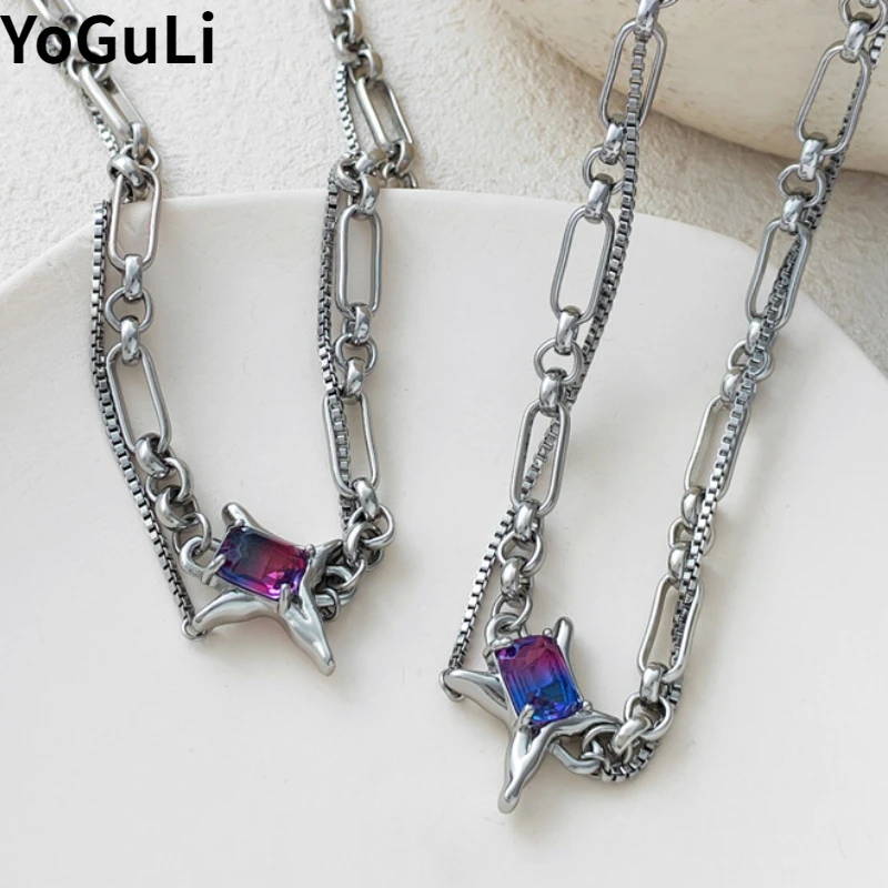 

Fashion Jewelry Shiny Colorful Glass Star Pendant Necklace Luxury Senior Sense High Quality Copper Chain Necklace For Women Gift