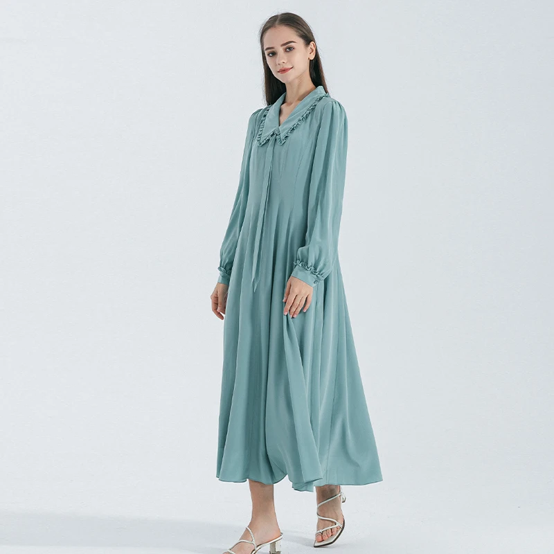 

VOA Blue Crepe De Chine Mulberry Silk Fungus Trim Turn-down Collar Dresses Lapel Puff Long-sleeved Preppy Style Dress AE1765