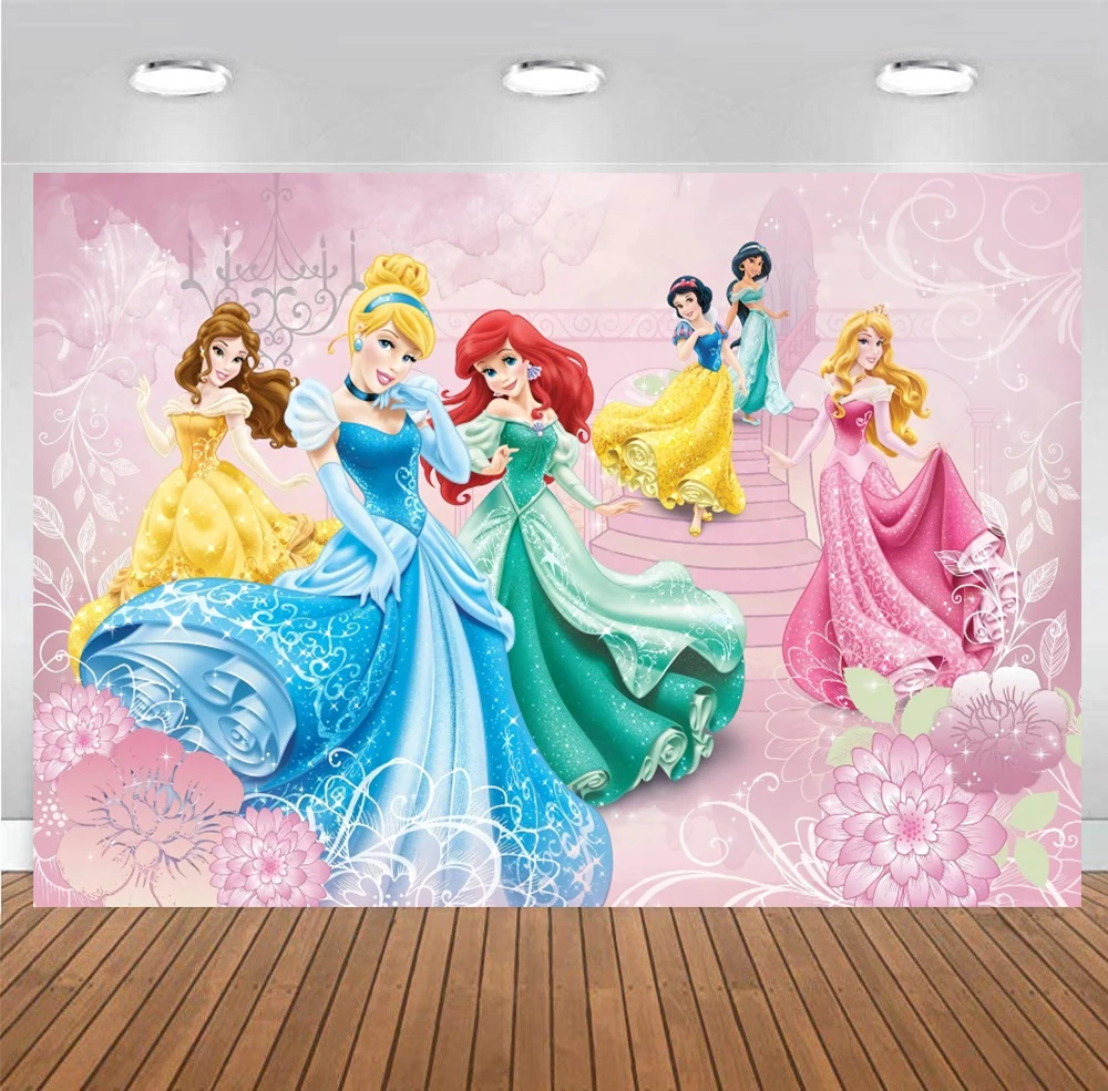 

Disney Princess Backdrop Jasmine Snow White Frozen Rapunzel Happy Birthday Party Baby Shower Photography Background Photo Banner