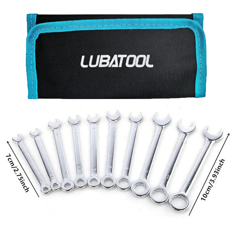 Фото LUBATOOL 10 шт. мини-легкий набор комбинированных ключей-органайзер с прокатным мешком метрическая 4-11 мм/SAE 5/32 