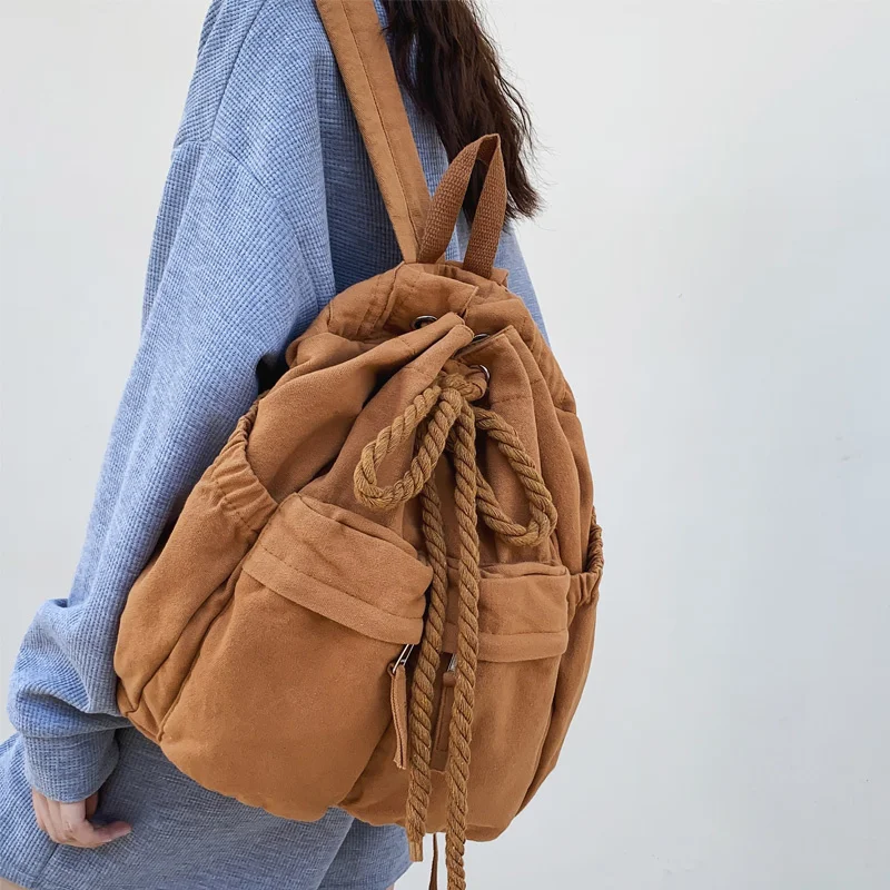 

Модный женский рюкзак с двумя карманами, Холщовая Сумка-ведро на плечо, винтажный школьный ранец на шнурке для девушек, сумка для книг