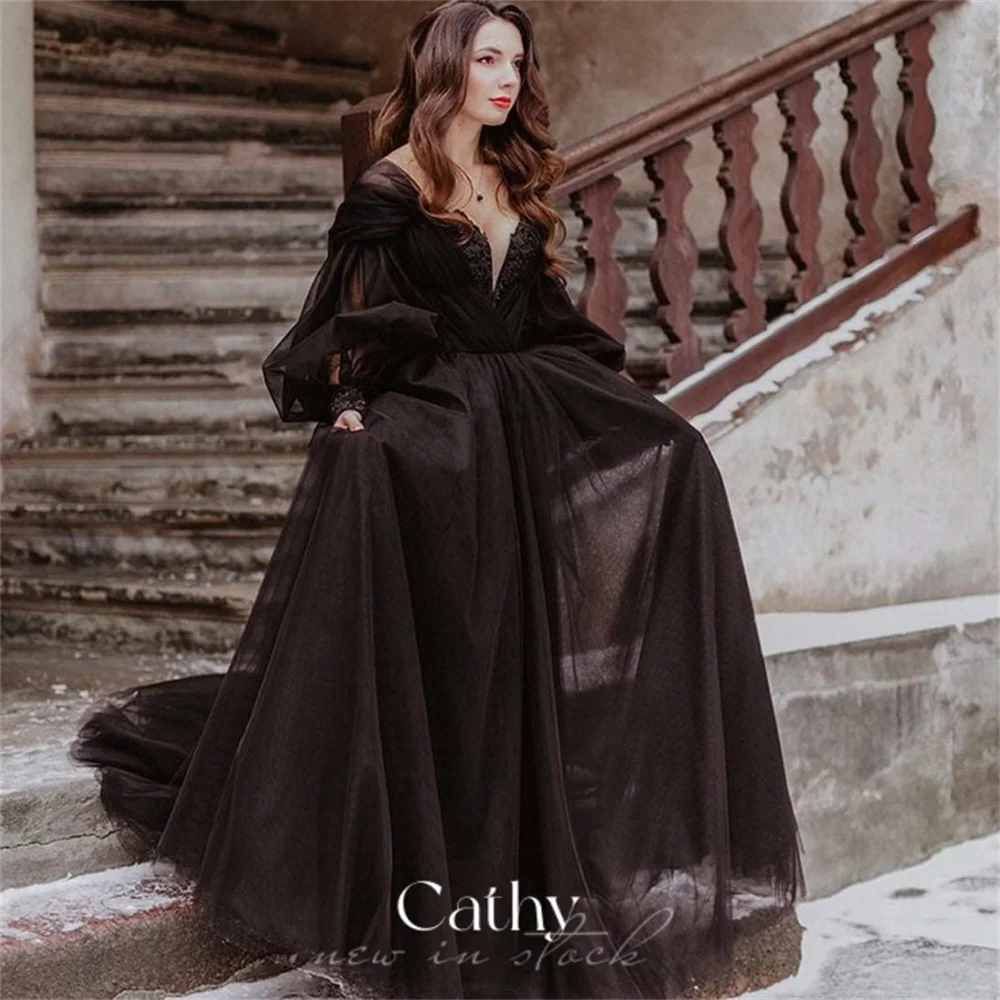 

Cathy Gothic Black A-line Prom Dress 2023 Puffy Sleeve فستان سهرة Tulle Sweep Train Party Dresses Sexy V-neck Vestido De Noche