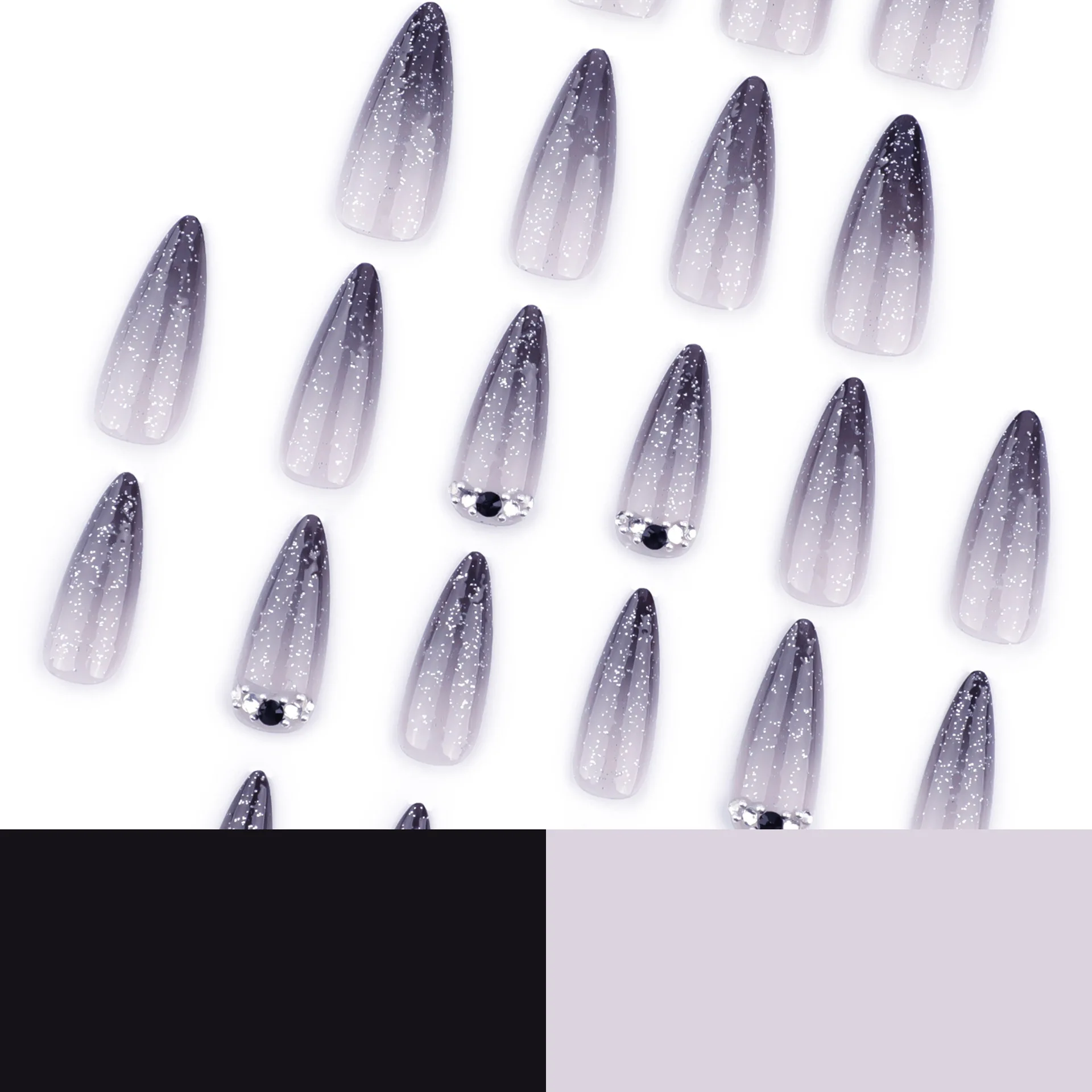 Фото 24 шт. Y2k Long Stiletto Press On Nails Gradient Black French Style Flash Sequins Fake Nai Diamond Decor Накладные ногти для горячих девушек №4