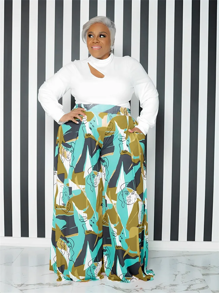 Plus Size 2 Piece Outfits Women Crop Top Pants Sets Printed Wide Leg Matching Casual New Tracksuit Who 3xl 4xl 5xl 6xl
