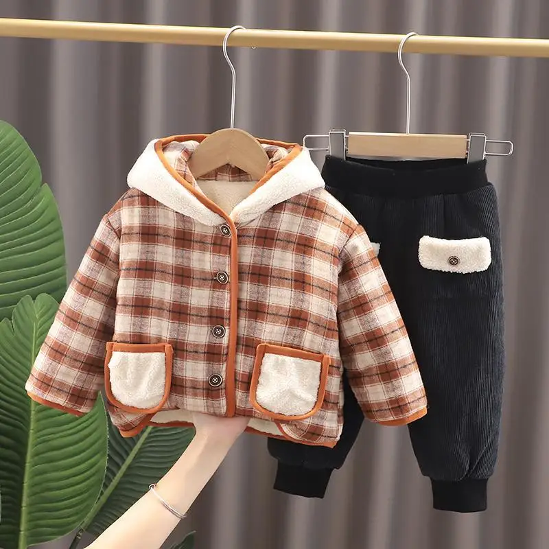 

boys and girls toddlers warm cartoon lattice hooded jacket pants baby suit Winter baby clothes plus velvet thick two-piece suit