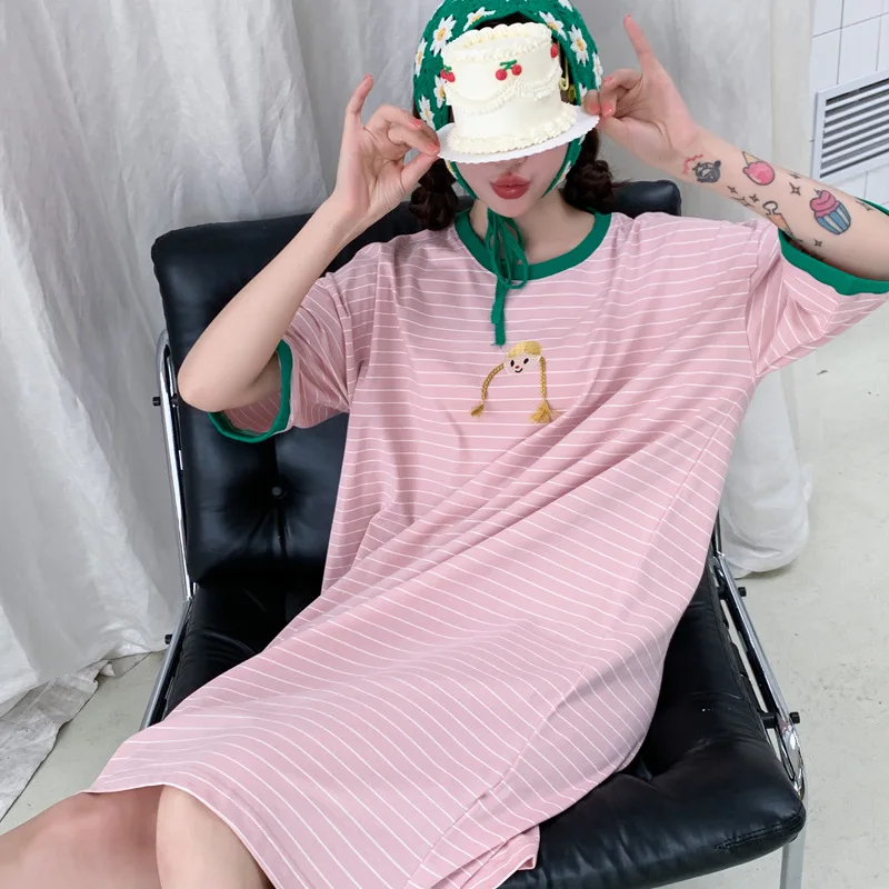 Pajamas for Women's Summer Cotton Short-sleeved Nightgowns with Round Neck Striped Sleepwear Elegant and Cute Style Loungewear