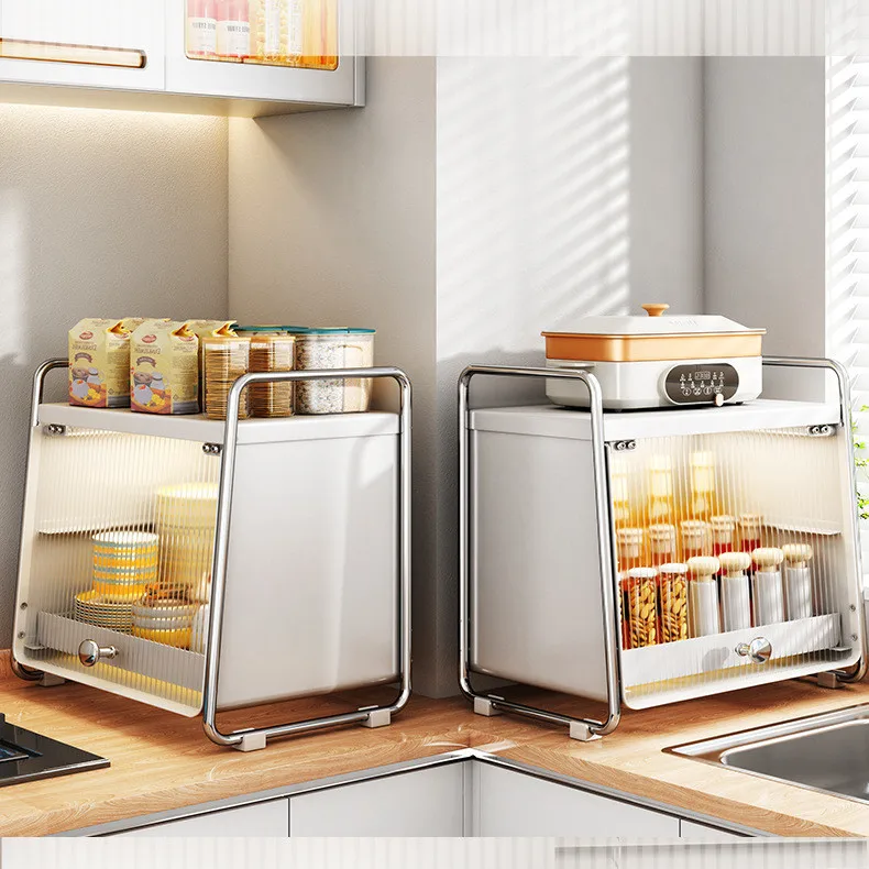 

Kitchen Cup Storage Box with Lights Desktop Cupboard Cutlery Drainage Storage Rack Bedroom Skin Care Cosmetics Organizer