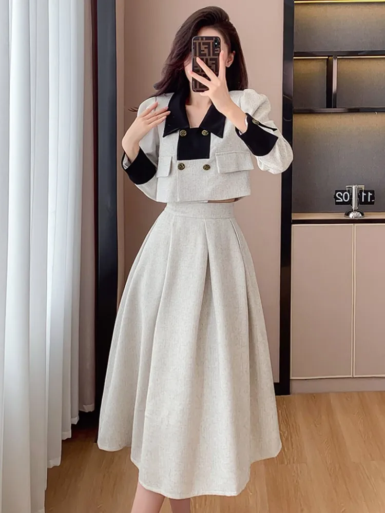 

Runway Small Fragrant Fashion Korean Sweet Elegant Coat Top Jackets + High Waist Skirt Suits For Women Two Peices Set