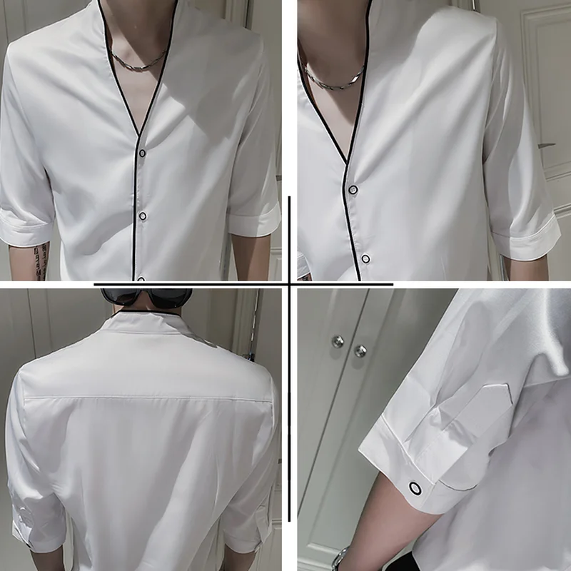 Summer Men's Solid Color Shirt Slim Fit Casual V-neck Shirts Business Formal Dress Half Sleeve Tops High Quality Male Clothing