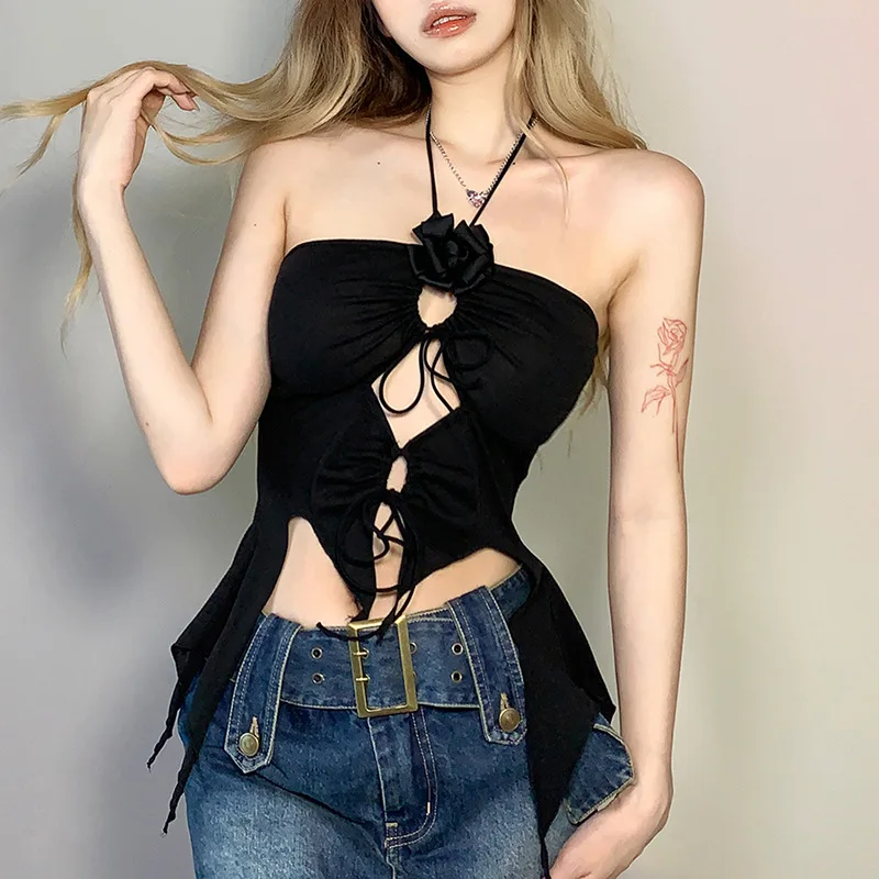 

Women Y2k Corset Cutout Camisole Cropped Bustier Top Fashion Solid Vest Summer Sexy Halter Lace-up Streetwear Slim Fit Basic Tee