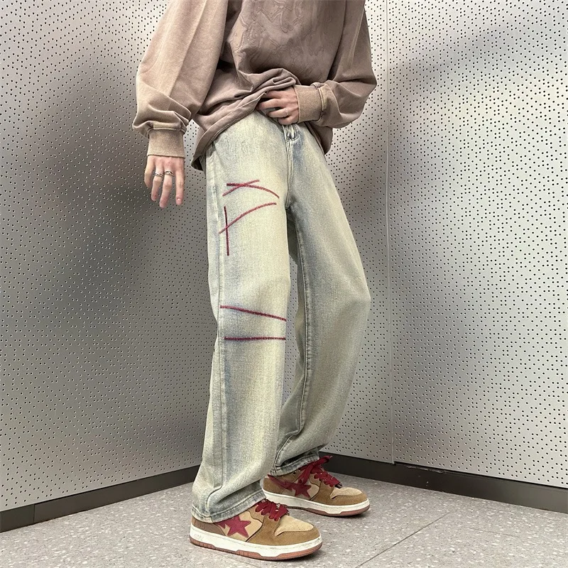 DEEPTOWN Embroidery Washed Jeans Black Blue Straight Leg Loose Casual Youth Denim Pants Streetwear Fashion Trousers Male Hip hop