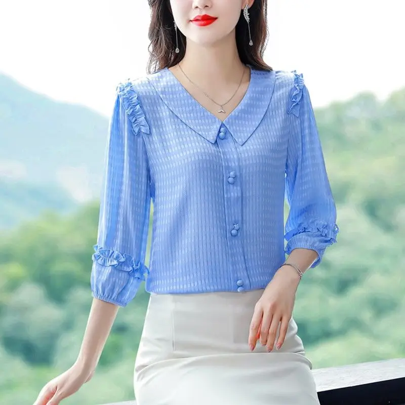 

Mom's 3/4 Sleeve Blouse Solid Color Women's Shirt Summer New Doll Collar Chiffon Bottoming Top M-4XL