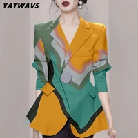 temperament women printing jacket ladies fashion notched suit coats top spring designer long sleeve occupation outwears
