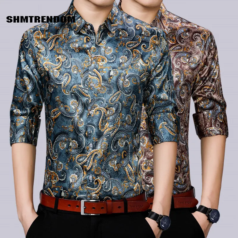 

European Court Print Fashion Luxury Slim Fit Long Sleeved Shirt Men Autumn New Quality Soft Comfortable Silky Cool Chemise Homme